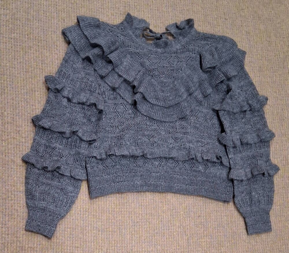 Farm rio womens medium ruffle tiered sweater gray mohair boho